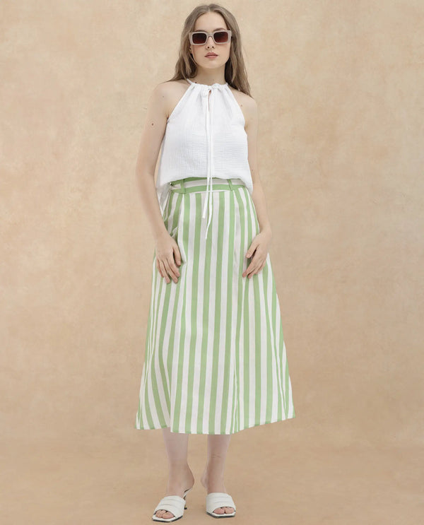 Rareism Women Zame-B Off White Cotton Linen Fabric Zip Closure Regular Fit Striped Midi Skirt