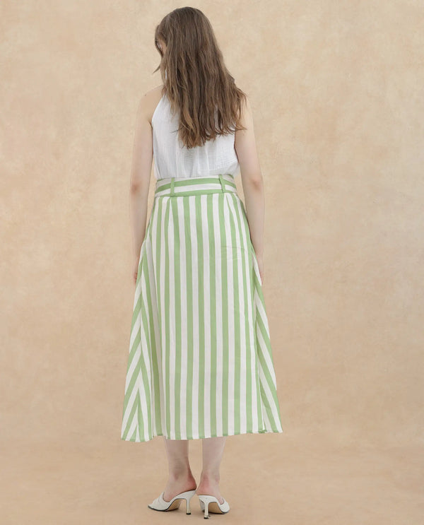Rareism Women Zame-B Off White Cotton Linen Fabric Zip Closure Regular Fit Striped Midi Skirt