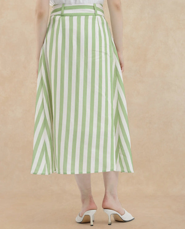 Rareism Women Zame-B Off White Cotton Linen Fabric Zip Closure Regular Fit Striped Midi Skirt