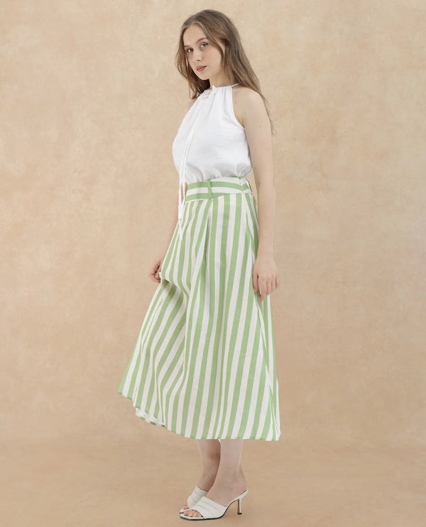 Rareism Women Zame-B Off White Cotton Linen Fabric Zip Closure Regular Fit Striped Midi Skirt