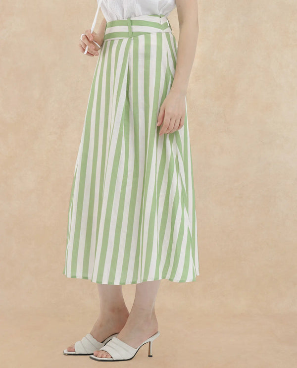 Rareism Women Zame-B Off White Cotton Linen Fabric Zip Closure Regular Fit Striped Midi Skirt