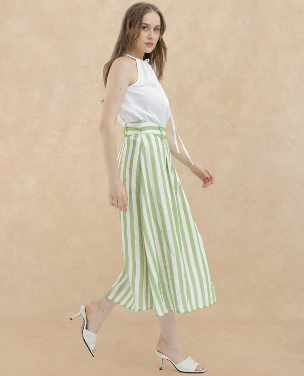 Rareism Women Zame-B Off White Cotton Linen Fabric Zip Closure Regular Fit Striped Midi Skirt