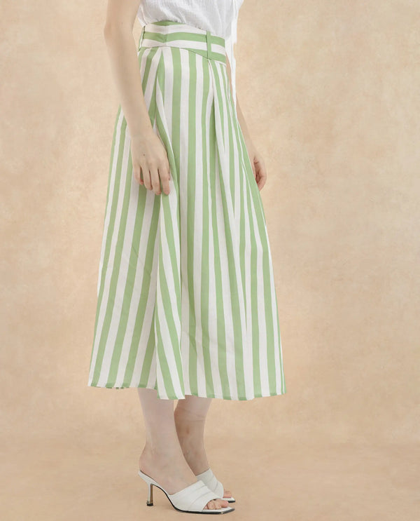 Rareism Women Zame-B Off White Cotton Linen Fabric Zip Closure Regular Fit Striped Midi Skirt