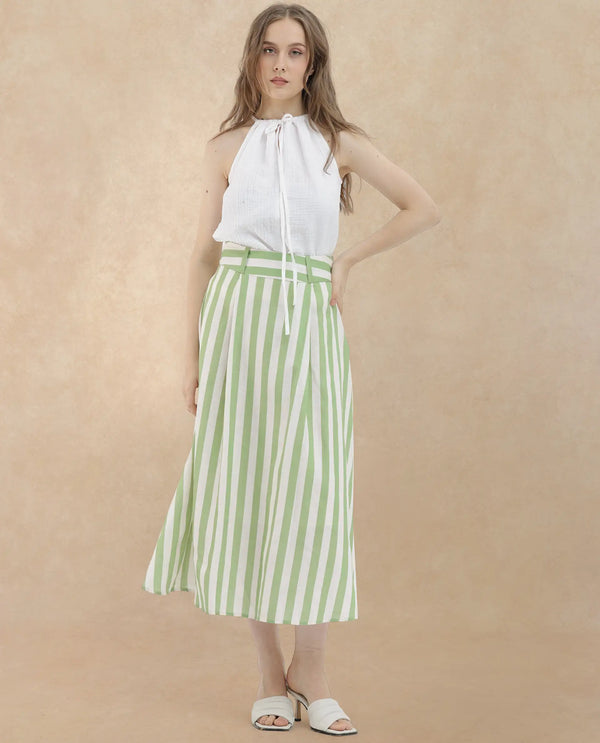 Rareism Women Zame-B Off White Cotton Linen Fabric Zip Closure Regular Fit Striped Midi Skirt