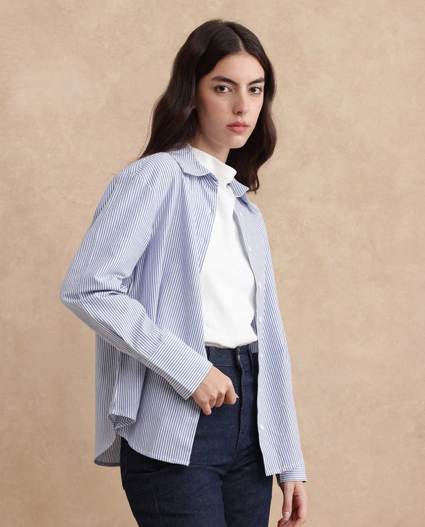 Rareism Women Zamon Dark Blue Cotton Fabric Full Sleeve Regular Fit Plain Shirt