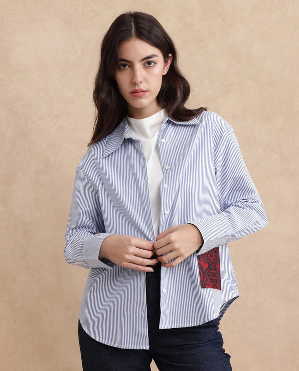 Rareism Women Zamon Dark Blue Cotton Fabric Full Sleeve Regular Fit Plain Shirt