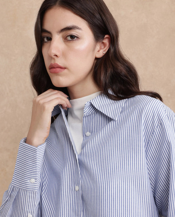Rareism Women Zamon Dark Blue Cotton Fabric Full Sleeve Regular Fit Plain Shirt