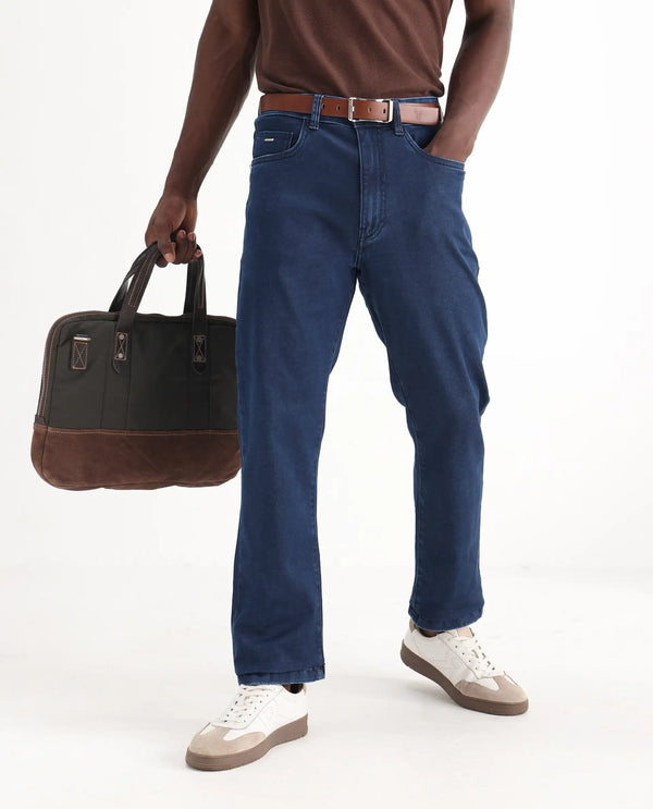 Rare Rabbit Men Zane Dark Blue Cotton Fabric Leni Fit Plain Jeans