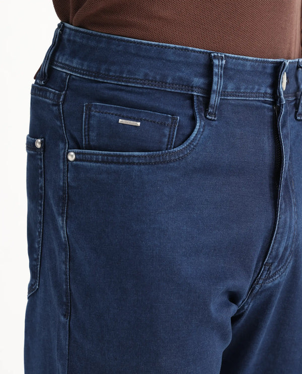 Rare Rabbit Men Zane Dark Blue Cotton Fabric Leni Fit Plain Jeans
