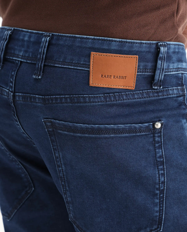 Rare Rabbit Men Zane Dark Blue Cotton Fabric Leni Fit Plain Jeans