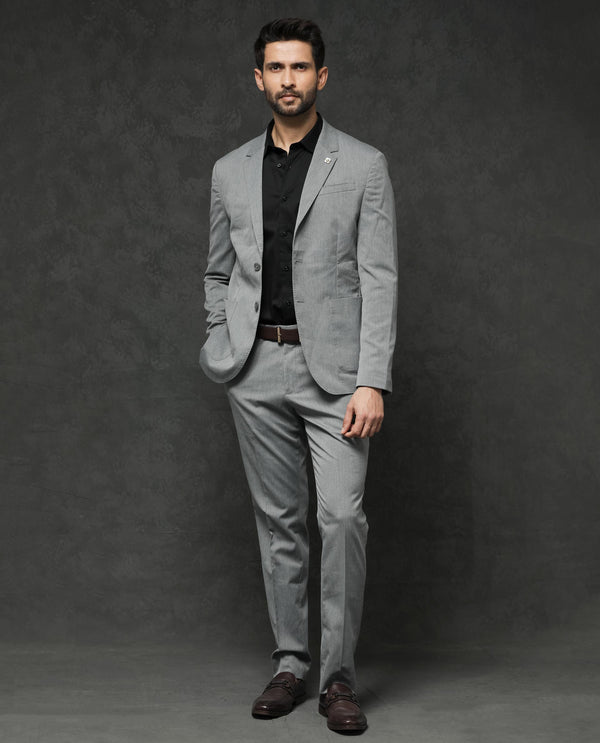 Rare Rabbit Men's Zanza Grey Polyester Viscose Fabric Notch Lapel Button Closure Single Breasted Textured Suits