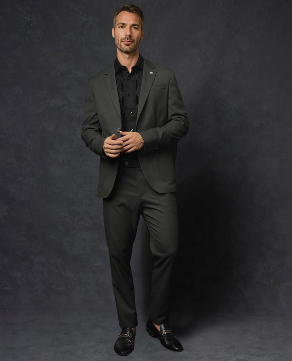 Rare Rabbit Men's Zanza Green Polyester Viscose Fabric Notch Lapel Button Closure Single Breasted Textured Suits
