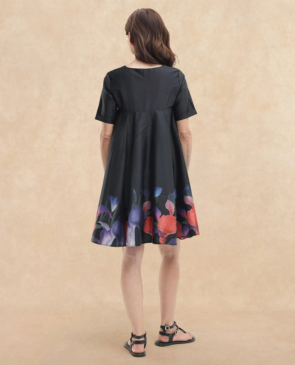 Rareism Women Zapon Black Cotton Short Sleeve Crew Neck Fit And Flare Floral Print Knee Length Dress