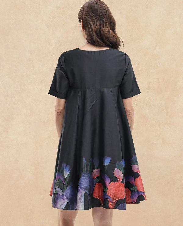 Rareism Women Zapon Black Cotton Short Sleeve Crew Neck Fit And Flare Floral Print Knee Length Dress