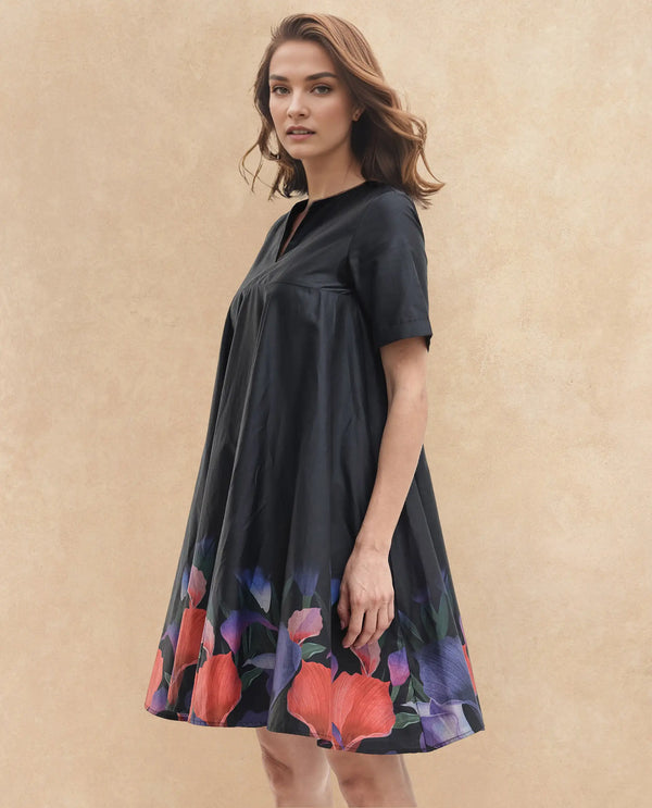 Rareism Women Zapon Black Cotton Short Sleeve Crew Neck Fit And Flare Floral Print Knee Length Dress
