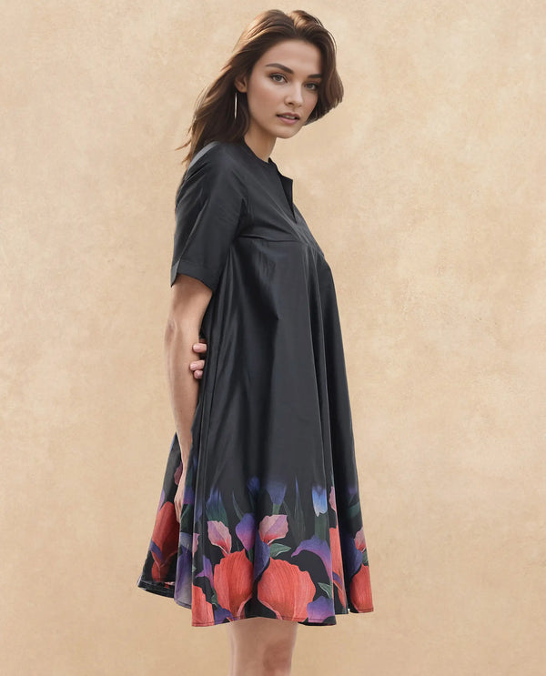 Rareism Women Zapon Black Cotton Short Sleeve Crew Neck Fit And Flare Floral Print Knee Length Dress