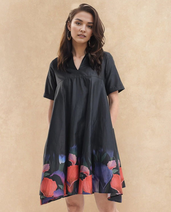 Rareism Women Zapon Black Cotton Short Sleeve Crew Neck Fit And Flare Floral Print Knee Length Dress