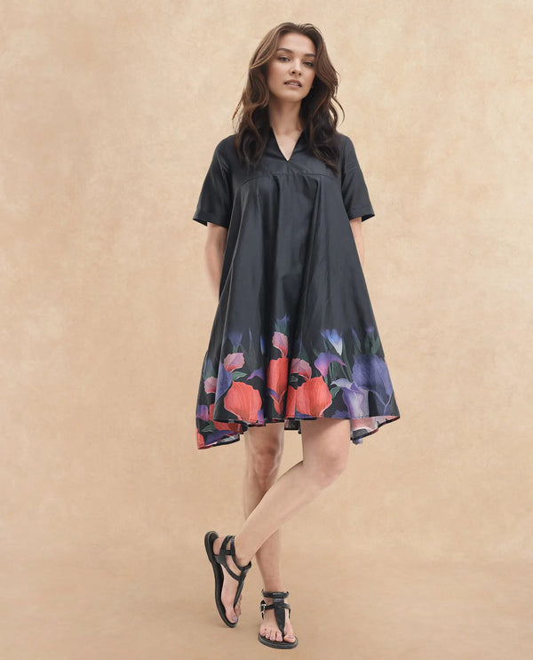 Rareism Women Zapon Black Cotton Short Sleeve Crew Neck Fit And Flare Floral Print Knee Length Dress