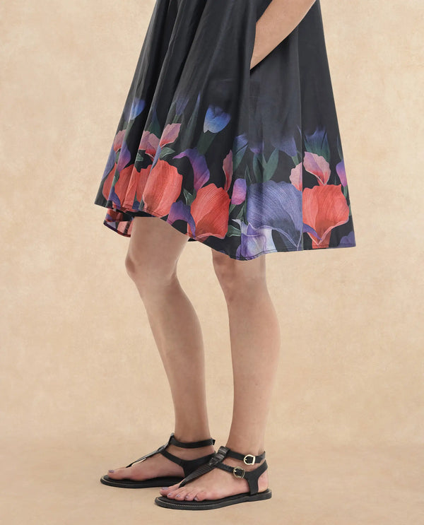 Rareism Women Zapon Black Cotton Short Sleeve Crew Neck Fit And Flare Floral Print Knee Length Dress