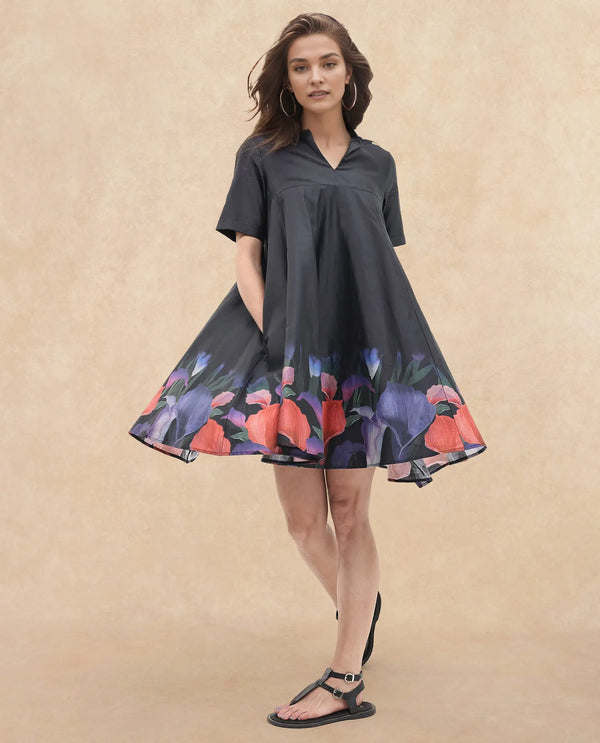 Rareism Women Zapon Black Cotton Short Sleeve Crew Neck Fit And Flare Floral Print Knee Length Dress