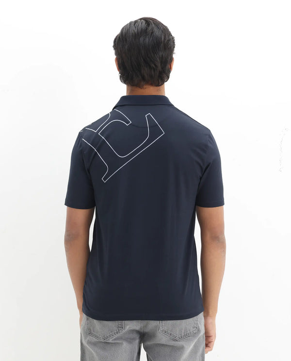 Rare Rabbit Men Zapos Navy Short Sleeve Regular Collar Flock Print Button Closure Polo