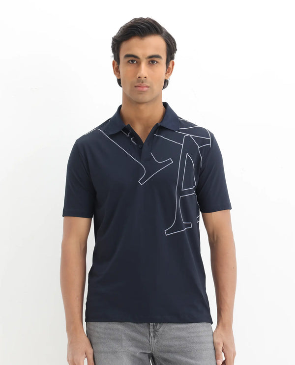 Rare Rabbit Men Zapos Navy Short Sleeve Regular Collar Flock Print Button Closure Polo