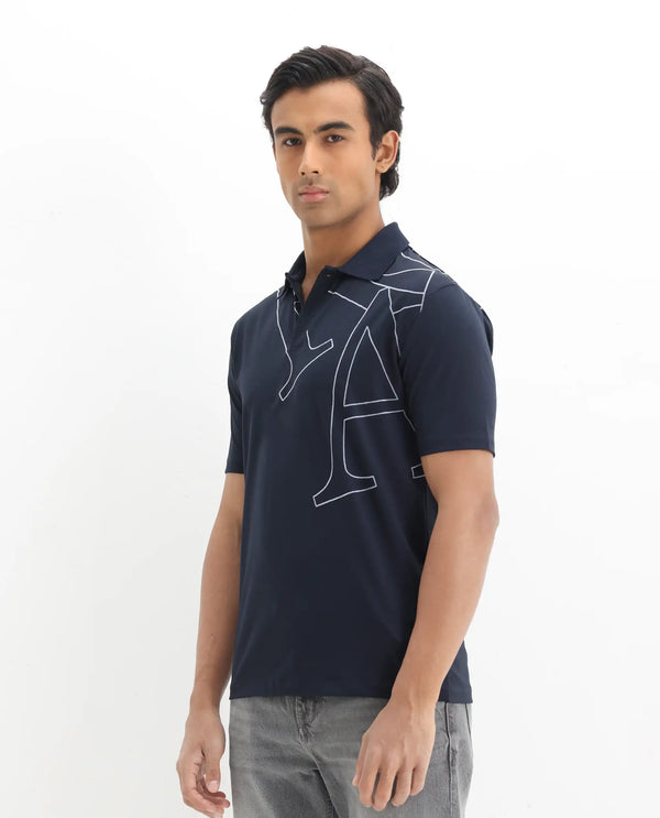 Rare Rabbit Men Zapos Navy Short Sleeve Regular Collar Flock Print Button Closure Polo