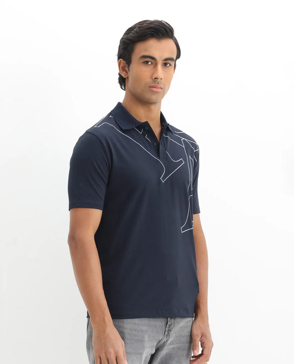 Rare Rabbit Men Zapos Navy Short Sleeve Regular Collar Flock Print Button Closure Polo