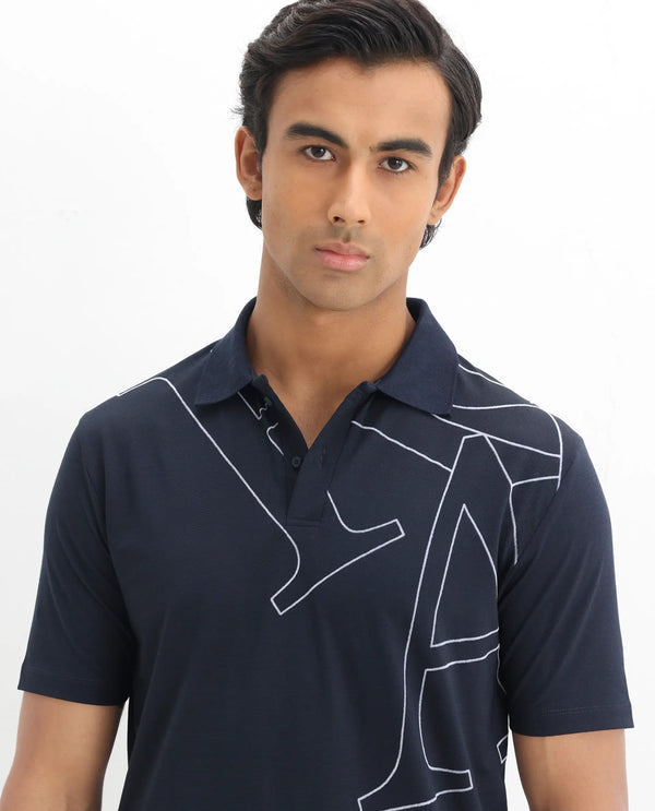 Rare Rabbit Men Zapos Navy Short Sleeve Regular Collar Flock Print Button Closure Polo