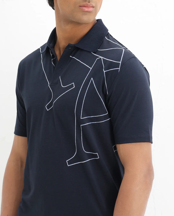 Rare Rabbit Men Zapos Navy Short Sleeve Regular Collar Flock Print Button Closure Polo