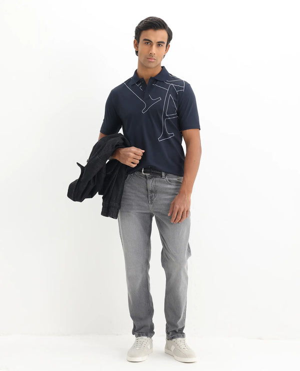Rare Rabbit Men Zapos Navy Short Sleeve Regular Collar Flock Print Button Closure Polo