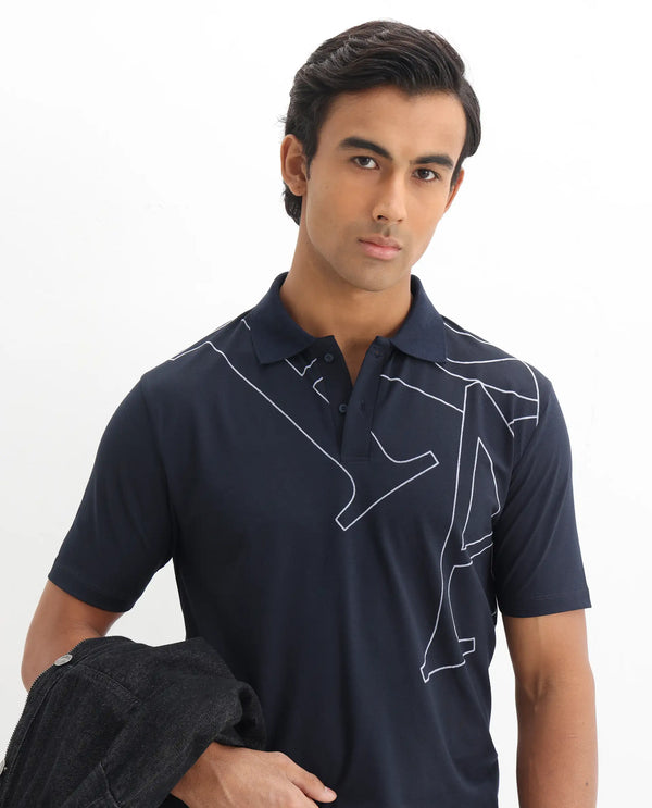 Rare Rabbit Men Zapos Navy Short Sleeve Regular Collar Flock Print Button Closure Polo