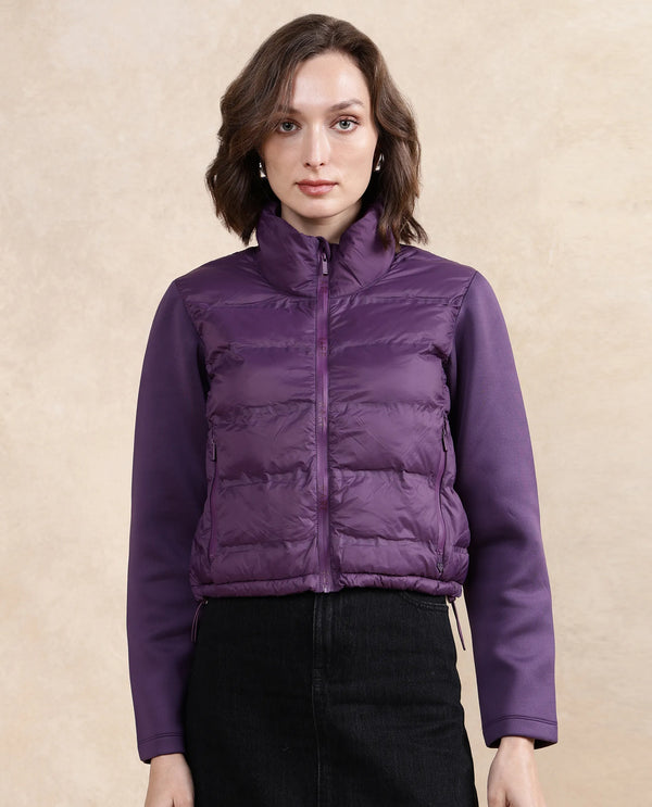 Rareism Women Zarcro Purple Full Sleeve Stand Collar Zipper Closure Plain Jacket