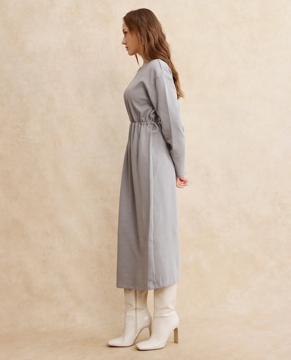 Rareism Women Zarene Grey Cotton Blend Fabric Full Sleeve Crew Neck Maxi Plain Dress