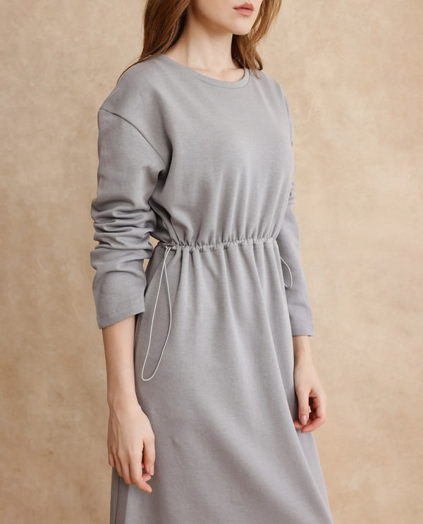 Rareism Women Zarene Grey Cotton Blend Fabric Full Sleeve Crew Neck Maxi Plain Dress