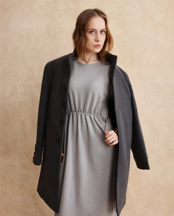 Rareism Women Zarene Grey Cotton Blend Fabric Full Sleeve Crew Neck Maxi Plain Dress
