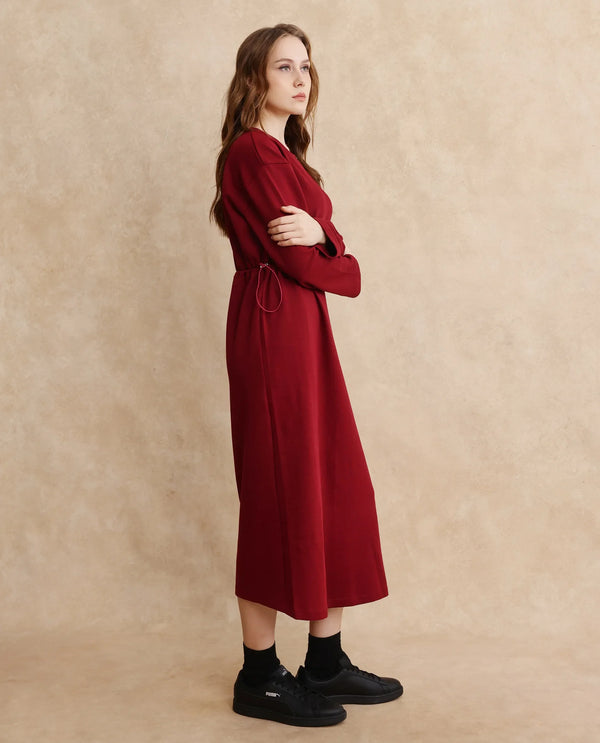 Rareism Women Zarene Maroon Cotton Blend Fabric Full Sleeve Crew Neck Maxi Plain Dress
