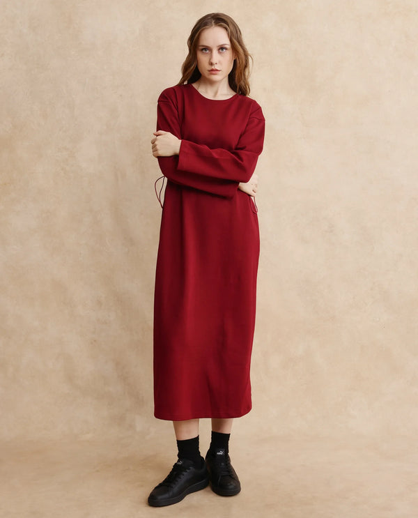 Rareism Women Zarene Maroon Cotton Blend Fabric Full Sleeve Crew Neck Maxi Plain Dress