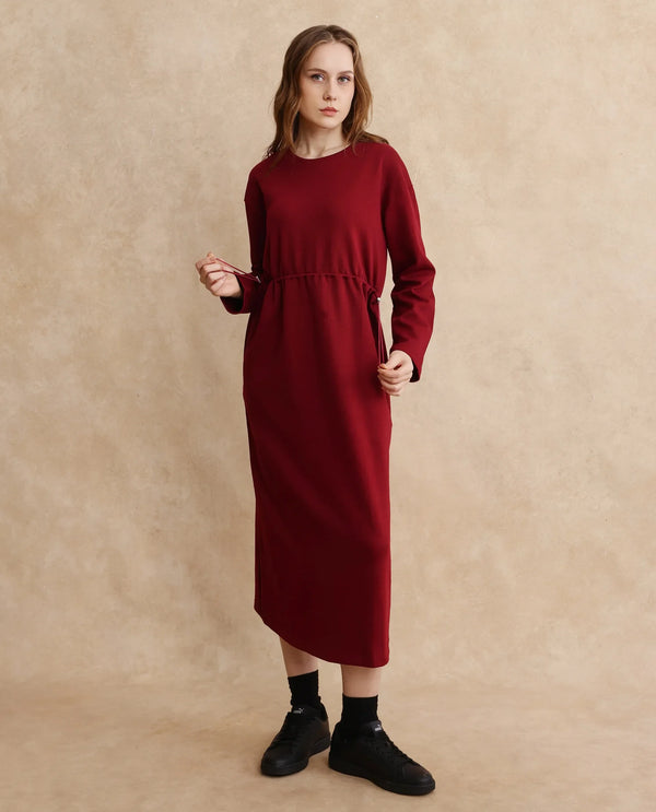 Rareism Women Zarene Maroon Cotton Blend Fabric Full Sleeve Crew Neck Maxi Plain Dress