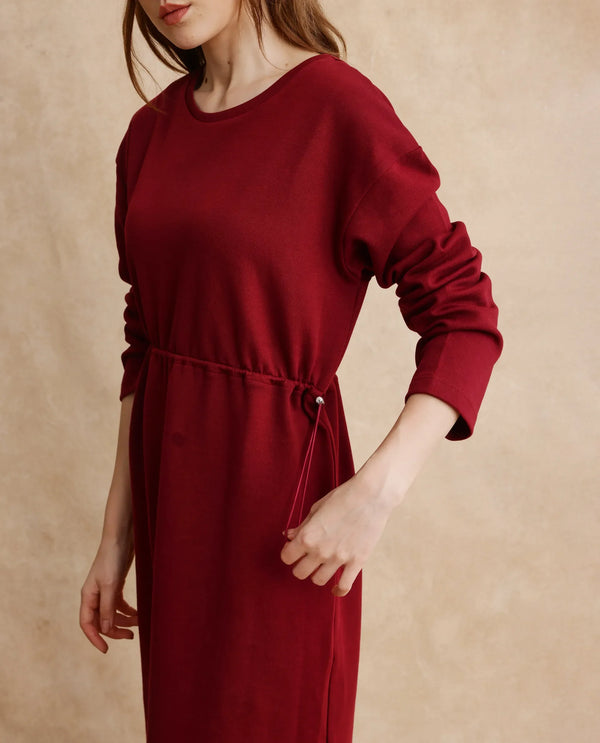 Rareism Women Zarene Maroon Cotton Blend Fabric Full Sleeve Crew Neck Maxi Plain Dress
