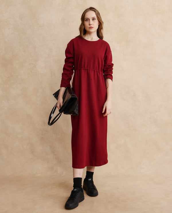 Rareism Women Zarene Maroon Cotton Blend Fabric Full Sleeve Crew Neck Maxi Plain Dress