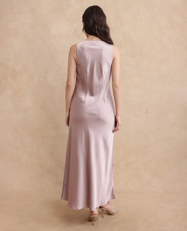Rareism Women Zarina Dusky Beige Sleeveless Cowl Neck Zipper Closure Bodycon Maxi Plain Dress