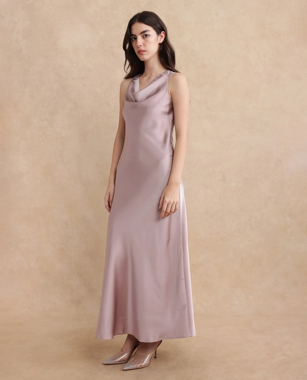 Rareism Women Zarina Dusky Beige Sleeveless Cowl Neck Zipper Closure Bodycon Maxi Plain Dress