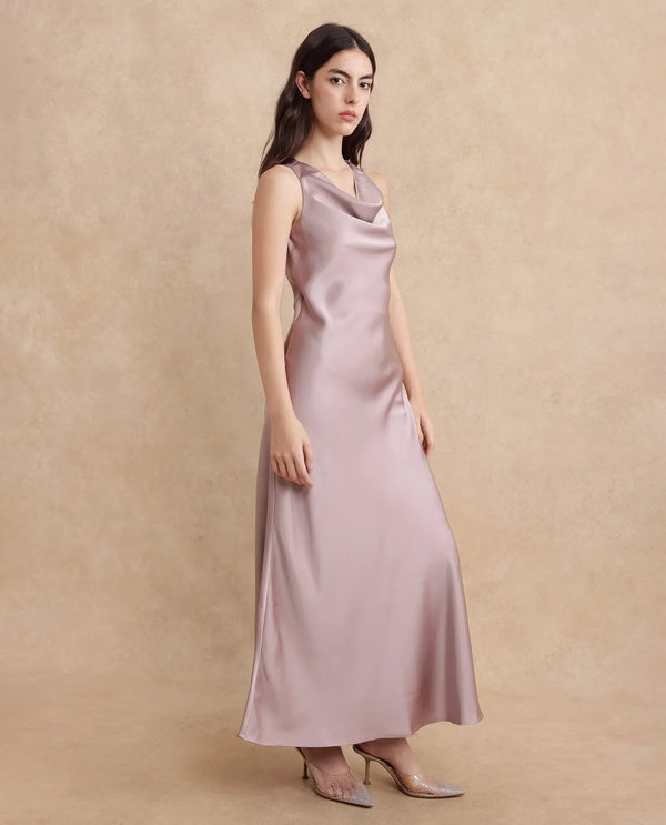 Rareism Women Zarina Dusky Beige Sleeveless Cowl Neck Zipper Closure Bodycon Maxi Plain Dress