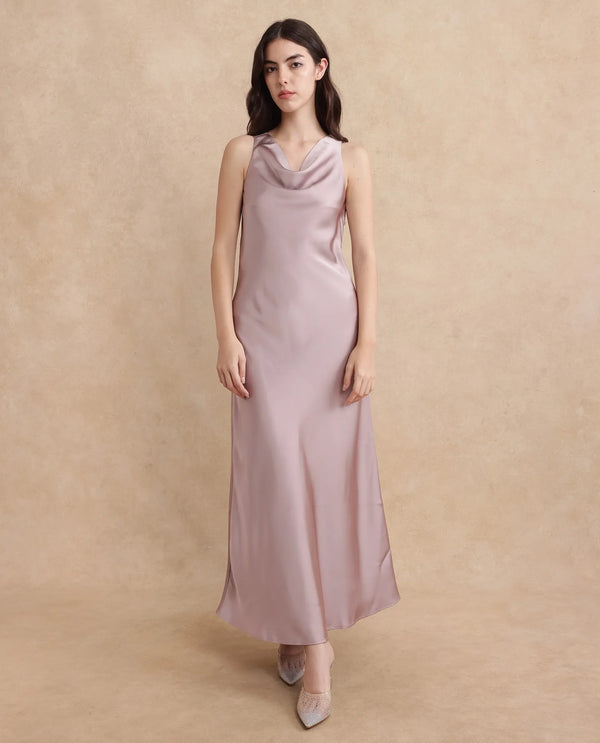 Rareism Women Zarina Dusky Beige Sleeveless Cowl Neck Zipper Closure Bodycon Maxi Plain Dress