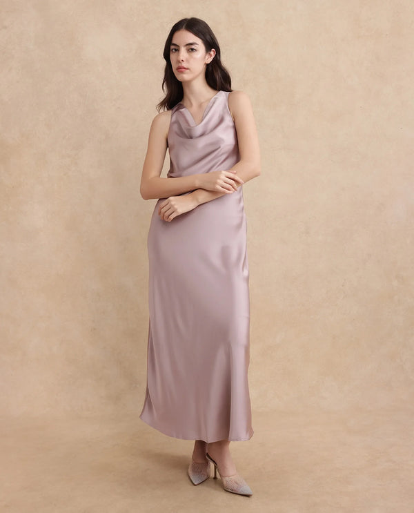 Rareism Women Zarina Dusky Beige Sleeveless Cowl Neck Zipper Closure Bodycon Maxi Plain Dress