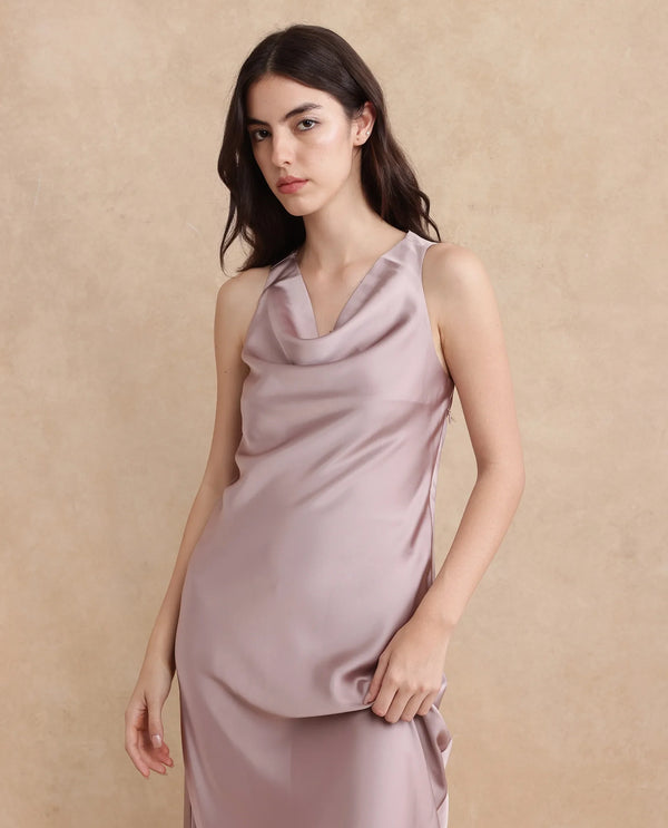 Rareism Women Zarina Dusky Beige Sleeveless Cowl Neck Zipper Closure Bodycon Maxi Plain Dress