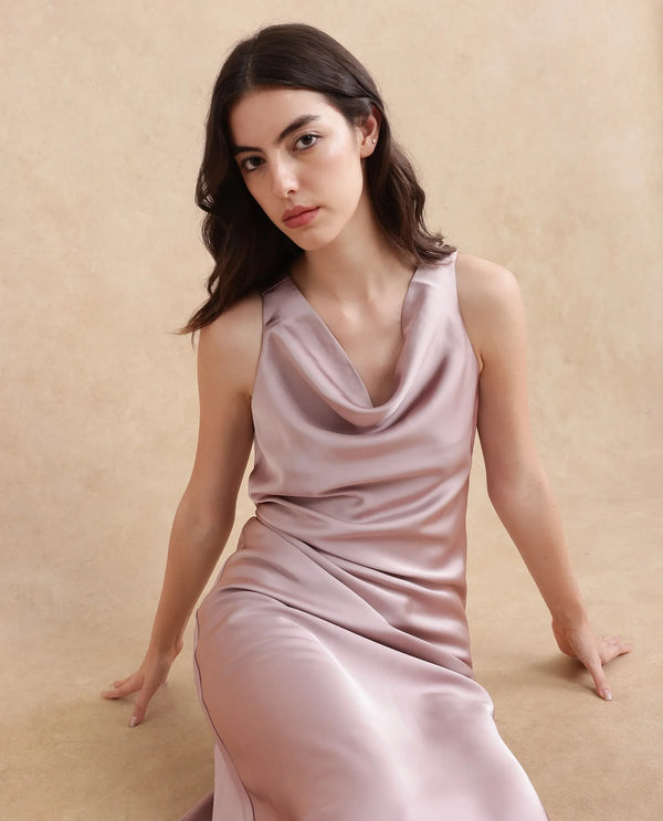 Rareism Women Zarina Dusky Beige Sleeveless Cowl Neck Zipper Closure Bodycon Maxi Plain Dress