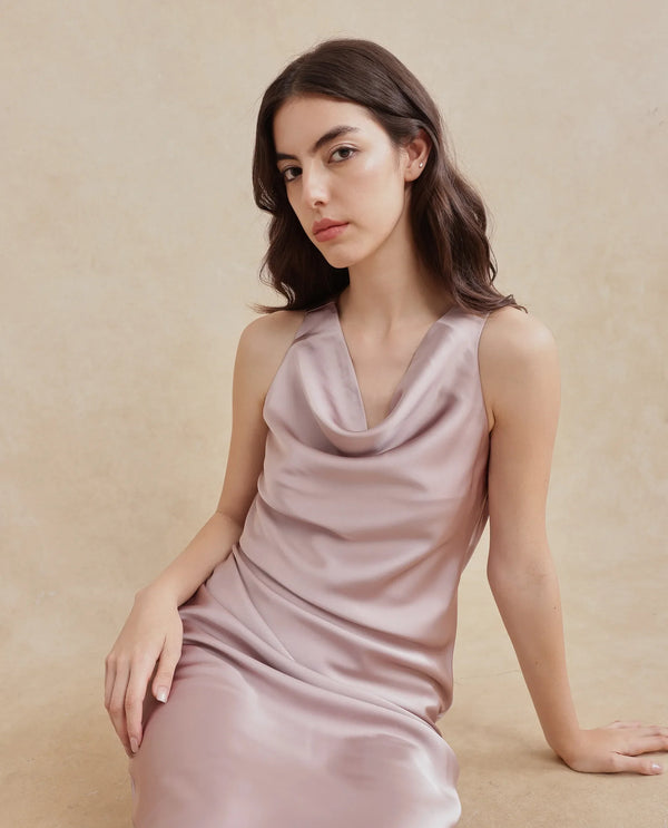 Rareism Women Zarina Dusky Beige Sleeveless Cowl Neck Zipper Closure Bodycon Maxi Plain Dress