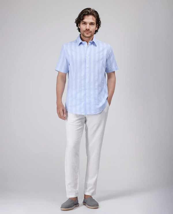 Rare Rabbit Men's Zark Pastel Blue Cotton Fabric Short Sleeve Spred Collar Button Closure Striped Shirt